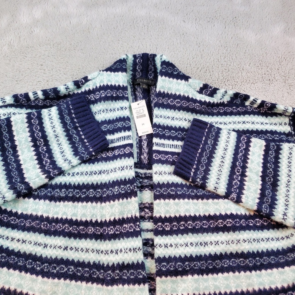 Talbots Cardigan Womens M Fair Isle Open Front Longline Navy Mint Green